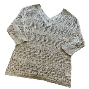 Pink Rose Open Knit Sweater Women's Size L Tan Beige Oatmeal 3/4 Sleeve V Neck